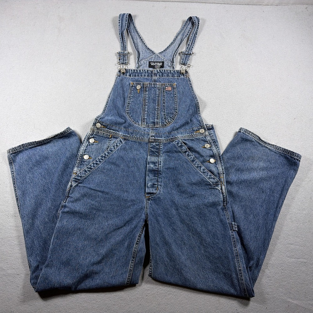 Vintage Polo Jeans Co Overalls Men Medium Blue Denim Bib Workwear Carpenter Y2K